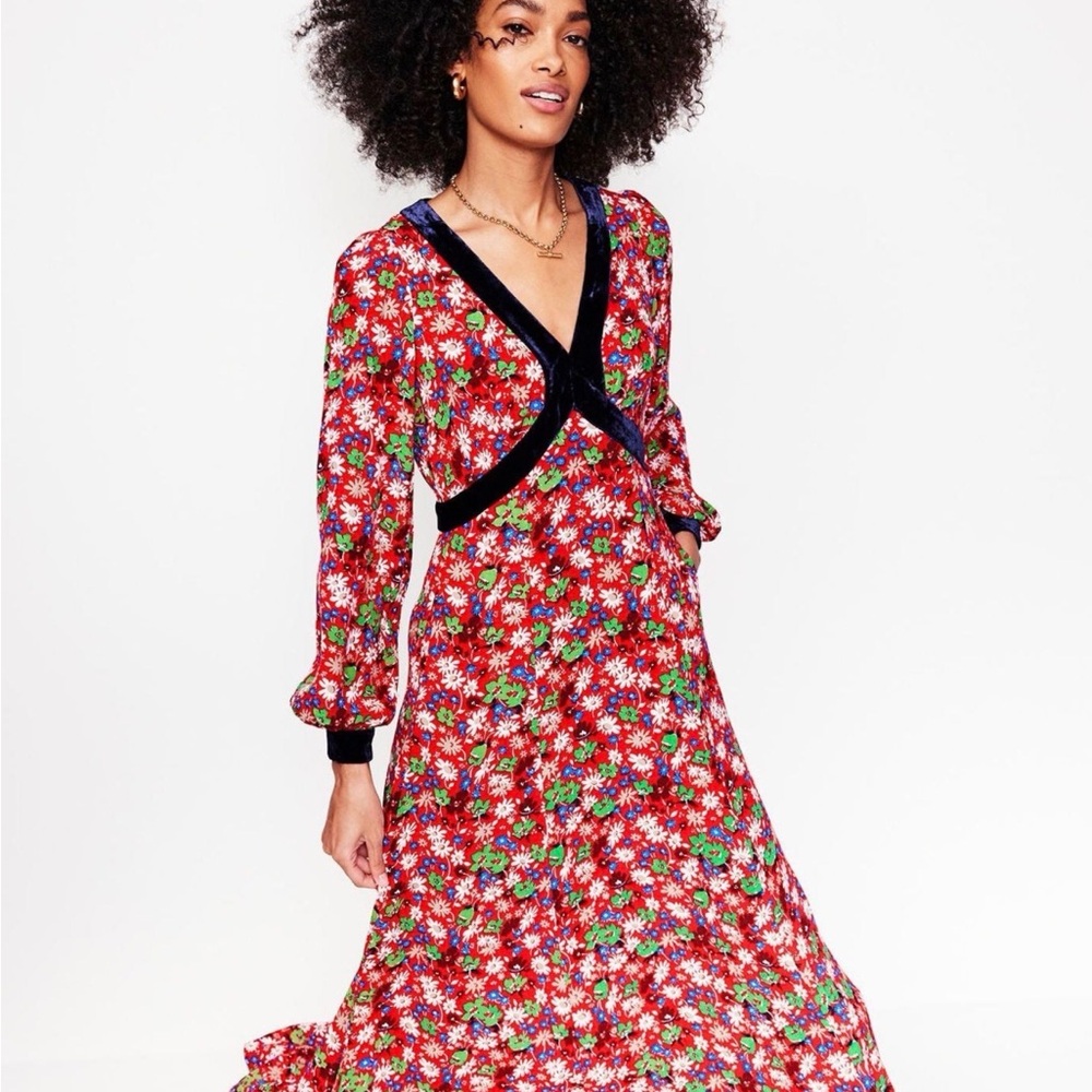 Boden Red Velvet Trim Tea Dress